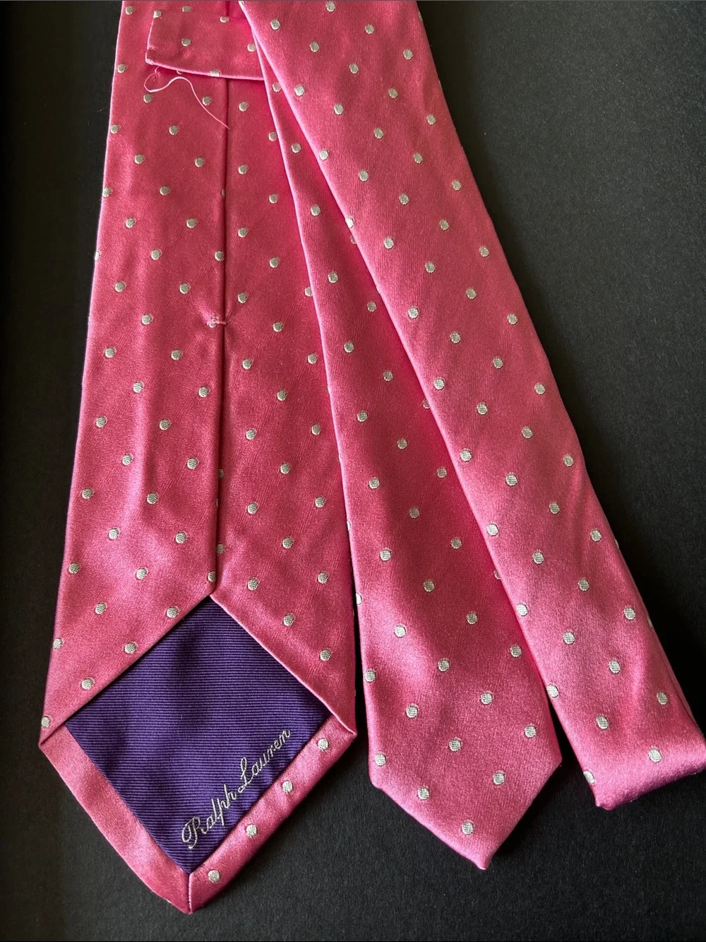 Ralph Lauren Purple Label Pink Silk Tie with Silver Polka Dots